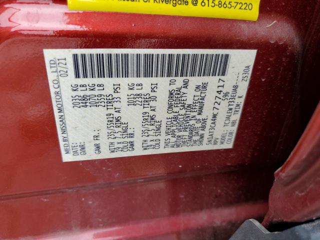 5N1AT3CA4MC727417 - 2021 NISSAN ROGUE SL RED photo 14