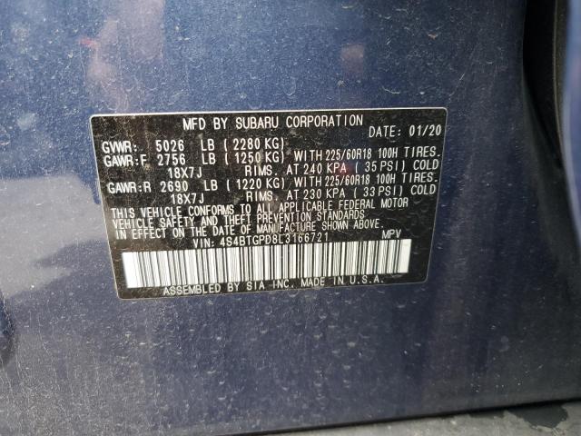 4S4BTGPD8L3166721 - 2020 SUBARU OUTBACK TOURING LDL Կապույտ լուսանկար 13