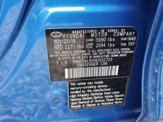 KMHD04LB2HU332723 - 2017 HYUNDAI ELANTRA SPORT BLUE photo 12