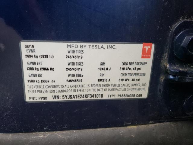 5YJSA1E24KF341010 - 2019 TESLA MODEL S Կապույտ լուսանկար 13
