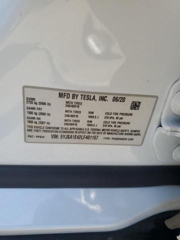 5YJSA1E42LF401157 - 2020 TESLA MODEL S WHITE photo 12