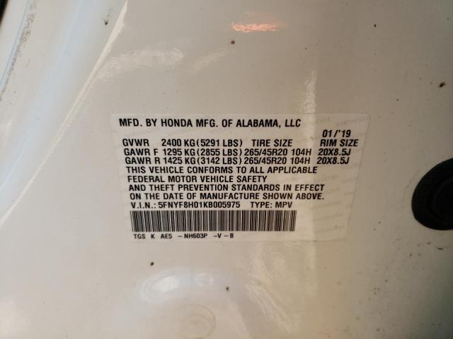 5FNYF8H01KB005975 - 2019 HONDA PASSPORT ELITE 白色 照片 14