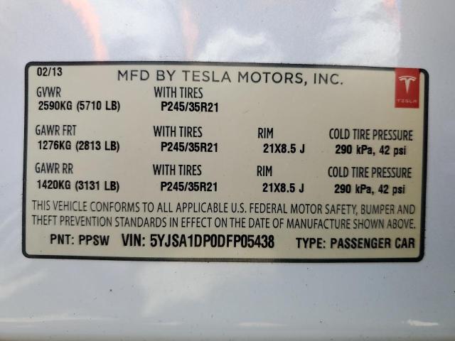 5YJSA1DP0DFP05438 - 2013 TESLA MODEL S 白色 照片 12