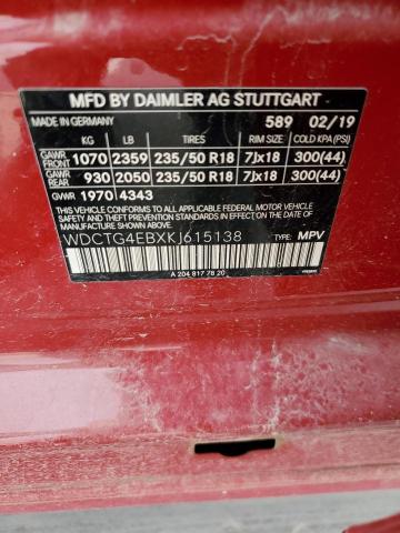 WDCTG4EBXKJ615138 - 2019 MERCEDES-BENZ GLA 250 Rojo foto 12