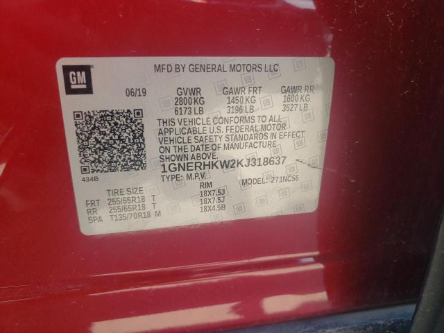 1GNERHKW2KJ318637 - 2019 CHEVROLET TRAVERSE LT RED photo 13