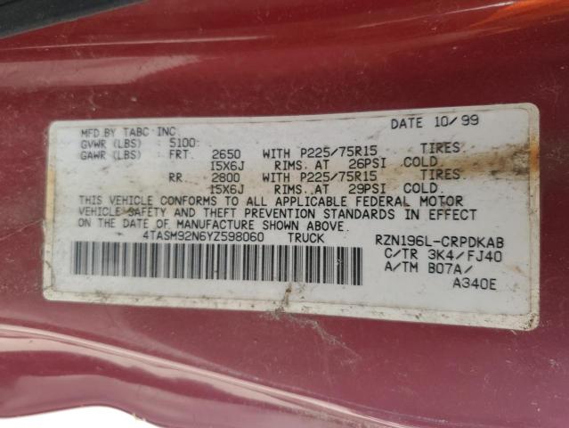 4TASM92N6YZ598060 - 2000 TOYOTA TACOMA XTRACAB PRERUNNER წითელი ფოტო 12