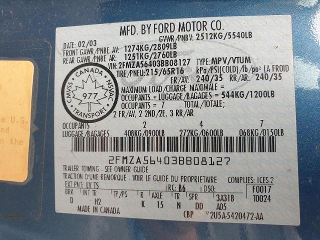 2FMZA56403BB08127 - 2003 FORD WINDSTAR SEL BLUE photo 10