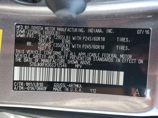 5TDJKRFH3GS312546 - 2016 TOYOTA HIGHLANDER XLE 灰色 照片 12