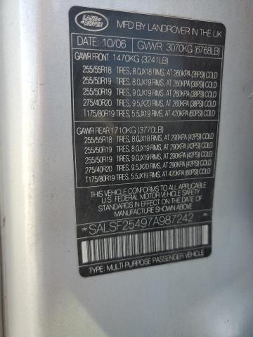 SALSF25497A987242 - 2007 LAND ROVER RANGE ROVE HSE SILVER photo 13
