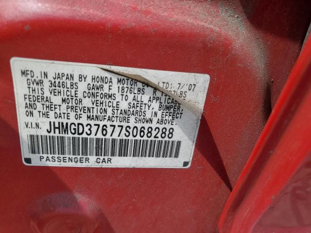 JHMGD37677S068288 - 2007 HONDA FIT S RED photo 12
