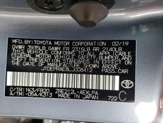 JTDEPRAE8LJ008412 - 2020 TOYOTA COROLLA LE GRAY photo 12