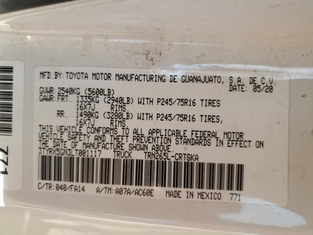 3TYRX5GN3LT001117 - 2020 TOYOTA TACOMA ACCESS CAB თეთრი ფოტო 12