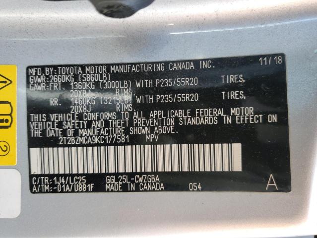 2T2BZMCA9KC177581 - 2019 LEXUS RX 350 BASE ვერცხლისფერი ფოტო 13