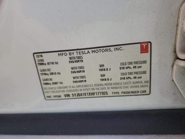 5YJSA1E1XHF177925 - 2017 TESLA MODEL S 白色 照片 12