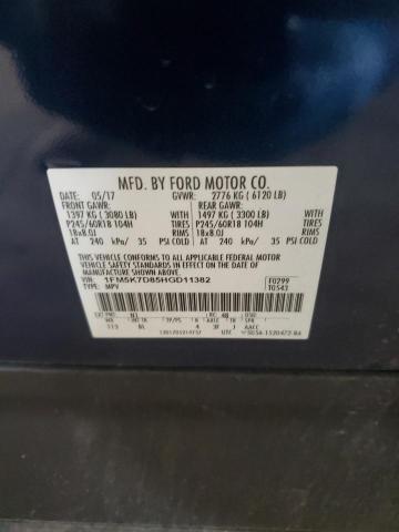 1FM5K7D85HGD11382 - 2017 FORD EXPLORER XLT BLUE photo 13