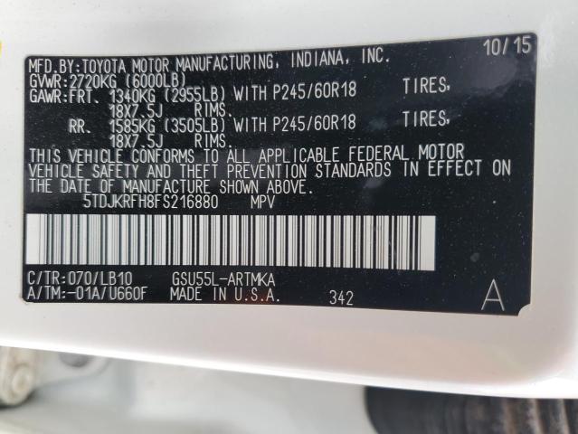 5TDJKRFH8FS216880 - 2015 TOYOTA HIGHLANDER XLE WHITE photo 14