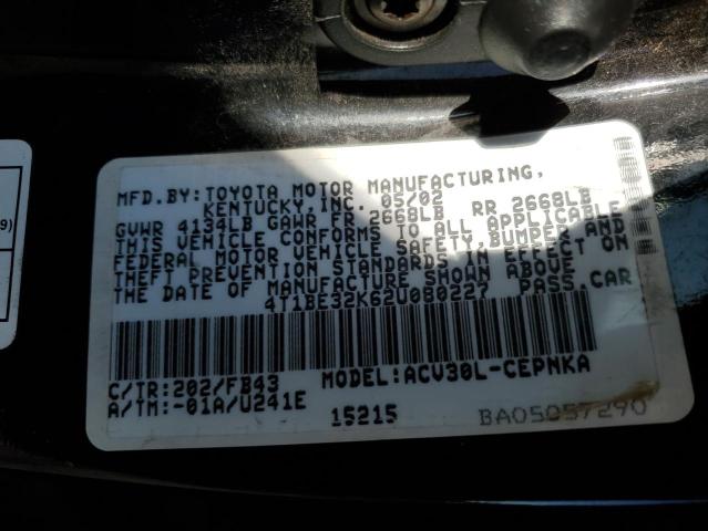 4T1BE32K62U080227 - 2002 TOYOTA CAMRY LE BLACK photo 12