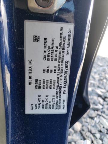 5YJ3E1EA0RF736232 - 2024 TESLA MODEL 3 BLUE photo 12