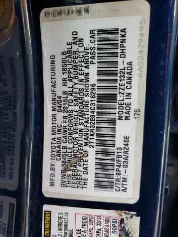 2T1KR32E84C316296 - 2004 TOYOTA COROLLA MA XR BLUE photo 12