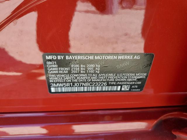 3MW5R1J07N8C23226 - 2022 BMW 330I RED photo 12