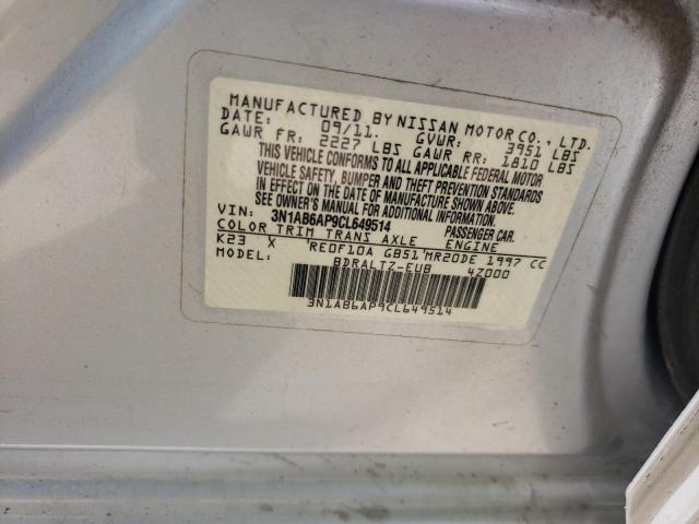 3N1AB6AP9CL649514 - 2012 NISSAN SENTRA 2.0 SILVER photo 12