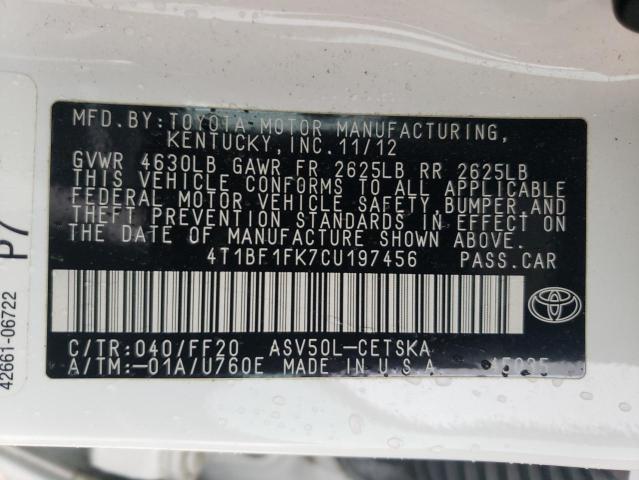 4T1BF1FK7CU197456 - 2012 TOYOTA CAMRY BASE WHITE photo 12