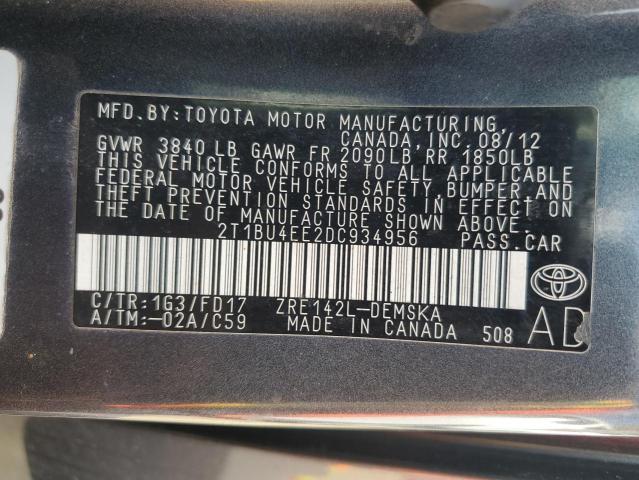 2T1BU4EE2DC934956 - 2013 TOYOTA COROLLA BASE 灰色 照片 13