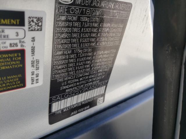 SALGS2SV9KA527537 - 2019 LAND ROVER RANGE ROVE HSE SILVER photo 10
