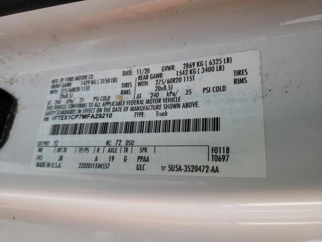 1FTEX1CP7MFA29210 - 2021 FORD F150 SUPER CAB WHITE photo 12