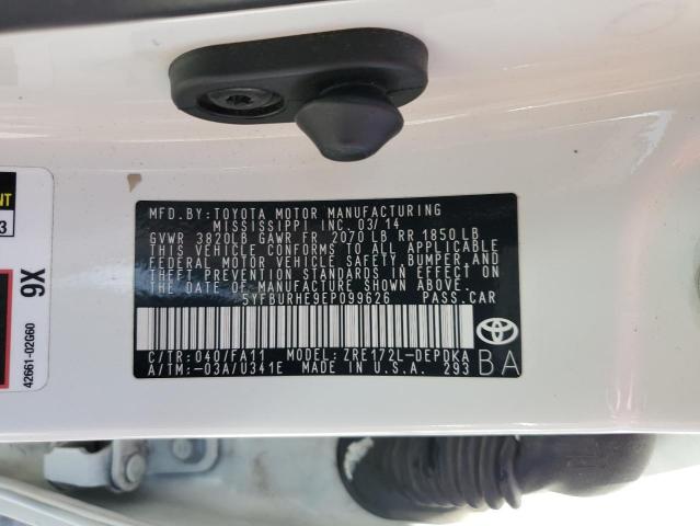 5YFBURHE9EP099626 - 2014 TOYOTA COROLLA L WHITE photo 12