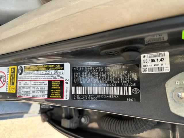 4T1BK3DB4BU382928 - 2011 TOYOTA AVALON BASE GRAY photo 10