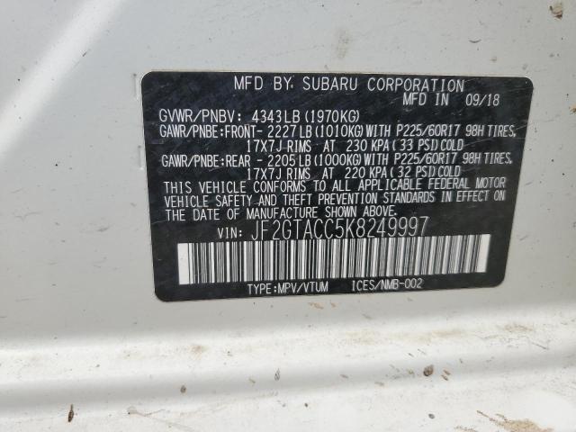 JF2GTACC5K8249997 - 2019 SUBARU CROSSTREK PREMIUM WHITE photo 13