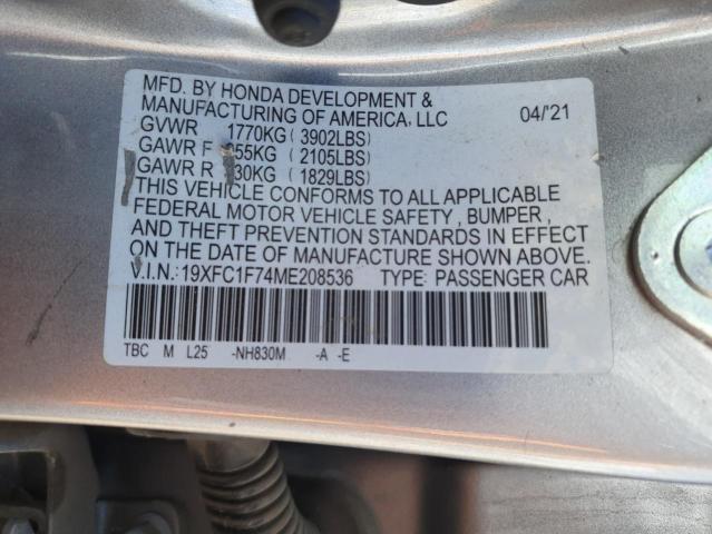 19XFC1F74ME208536 - 2021 HONDA CIVIC EXL SILVER photo 12