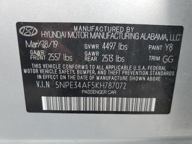 5NPE34AF5KH787072 - 2019 HYUNDAI SONATA LIMITED 银色 照片 12