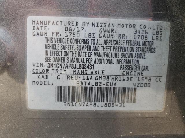 3N1CN7AP8JL808431 - 2018 NISSAN VERSA S GRAY photo 12