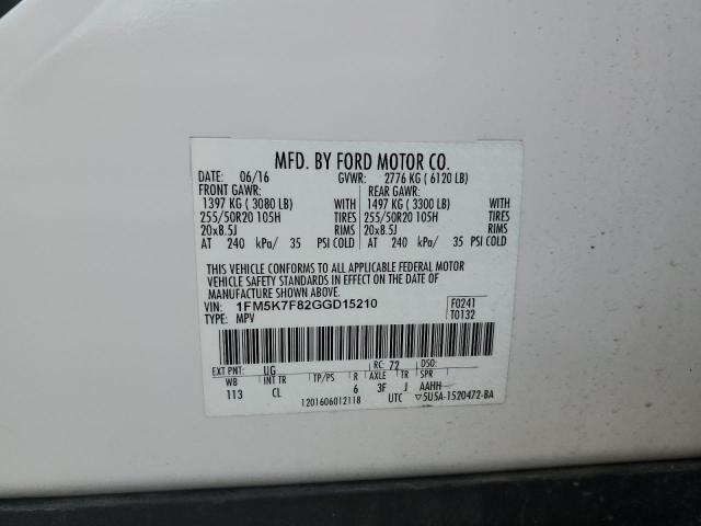 1FM5K7F82GGD15210 - 2016 FORD EXPLORER LIMITED 白色 照片 14