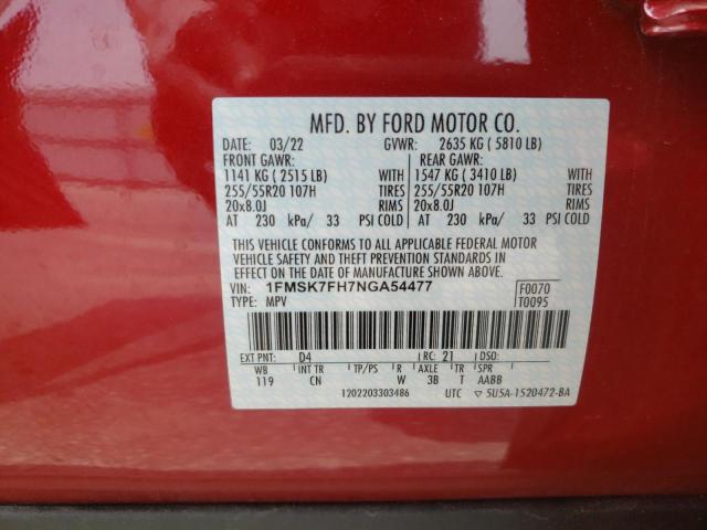 1FMSK7FH7NGA54477 - 2022 FORD EXPLORER LIMITED BURGUNDY photo 14