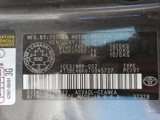 4T1BE46K67U045727 - 2007 TOYOTA CAMRY CE GRAY photo 13