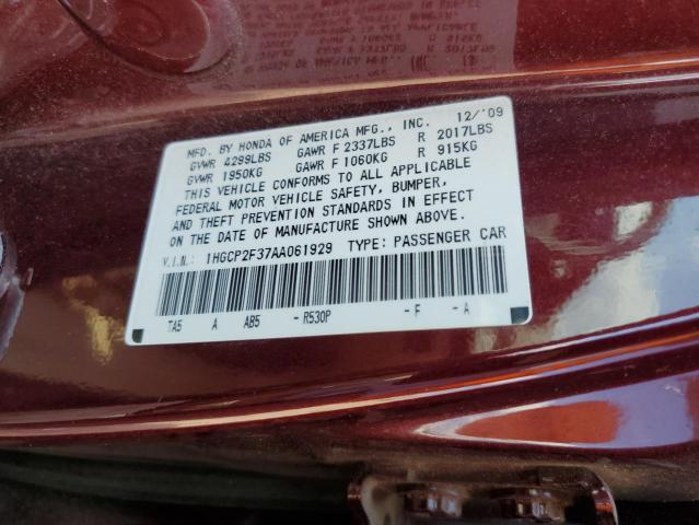 1HGCP2F37AA061929 - 2010 HONDA ACCORD LX MAROON photo 10