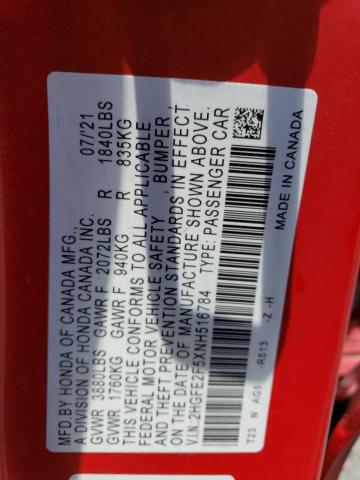 2HGFE2F5XNH516784 - 2022 HONDA CIVIC SPORT 红色 照片 12