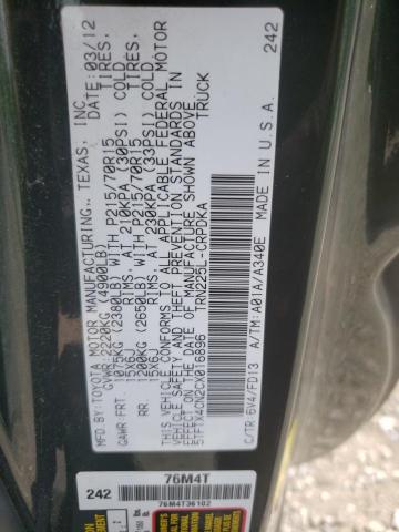 5TFTX4CN2CX016896 - 2012 TOYOTA TACOMA ACCESS CAB მწვანე ფოტო 12