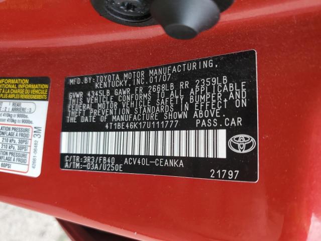 4T1BE46K17U111777 - 2007 TOYOTA CAMRY CE RED photo 12