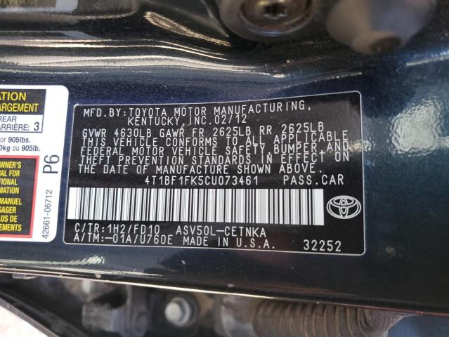 4T1BF1FK5CU073461 - 2012 TOYOTA CAMRY BASE BLACK photo 13