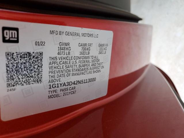 1G1YA3D42N5113000 - 2022 CHEVROLET CORVETTE STINGRAY 1LT BURGUNDY photo 12