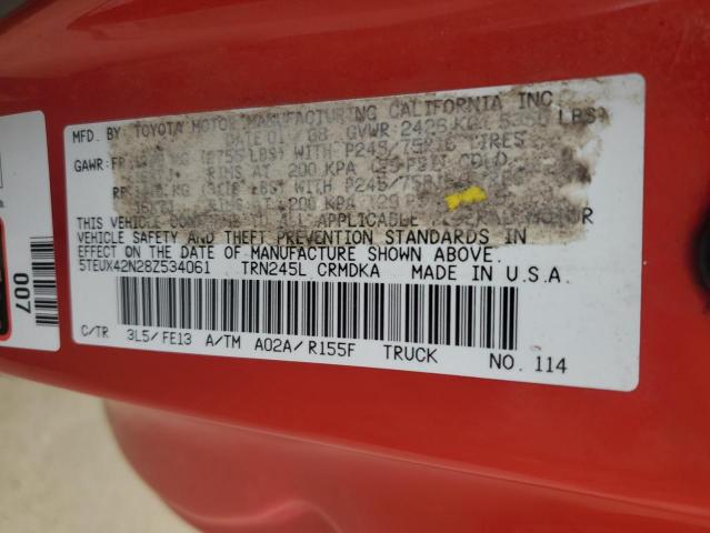 5TEUX42N28Z534061 - 2008 TOYOTA TACOMA ACCESS CAB წითელი ფოტო 12