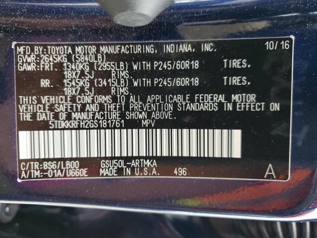 5TDKKRFH2GS181761 - 2016 TOYOTA HIGHLANDER XLE BLUE photo 14