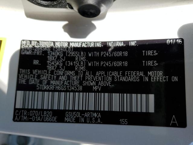 5TDKKRFH6GS134538 - 2016 TOYOTA HIGHLANDER XLE Ağ foto 13