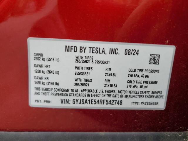 5YJSA1E54RF542748 - 2024 TESLA MODEL S RED photo 12