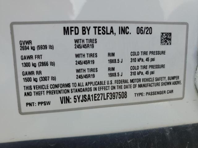 5YJSA1E27LF397508 - 2020 TESLA MODEL S Ağ foto 13