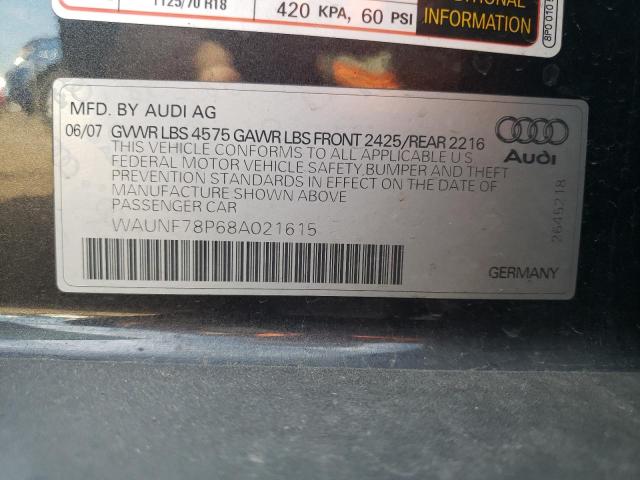 WAUNF78P68A021615 - 2008 AUDI A3 2.0 PREMIUM BLACK photo 10